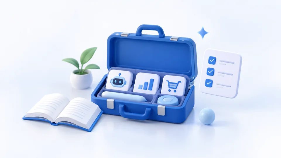 Illustration of a blue toolbox, books and an operations checklist