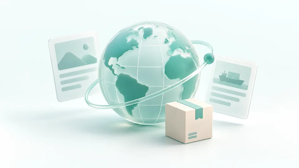 Illustration of a teal globe, news cards and cross-border parcels
